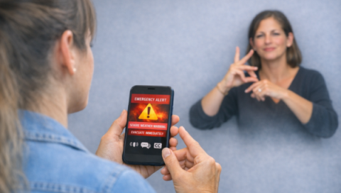 A person holding a phone and a person at the back doing Auslan